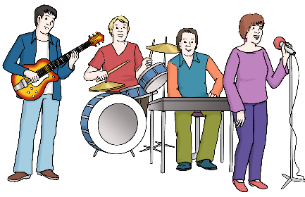 Eine Band bestehend aus 4 MitgliederInnen macht Musik. Ganz links steht ein Gitarrist, hinten ein Schlagzeuger. rechts von ihm spielt ein Pianist und mehr im Vordergrund steht eine Frau mit Mikrofon und singt.